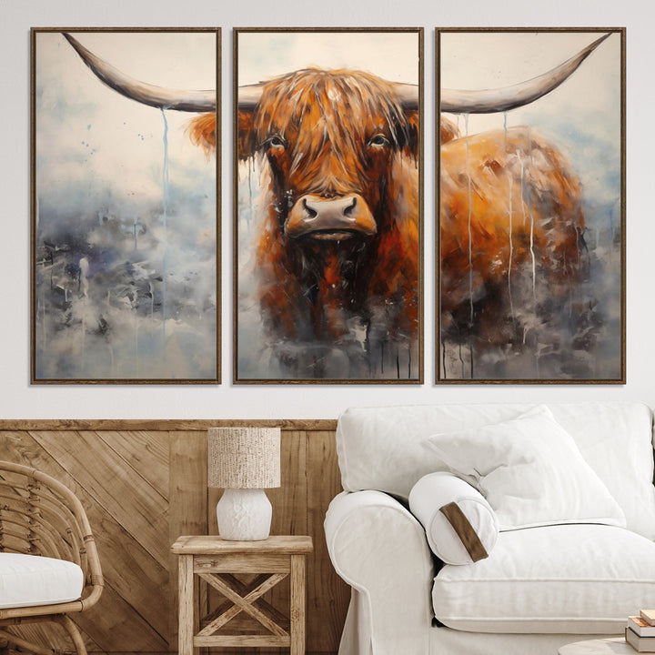 Scottish Highland Wall Art Canvas Print, Framed Longhorn Art Picture Print, Western Cow Perfect Farmhouse Decor Artwork