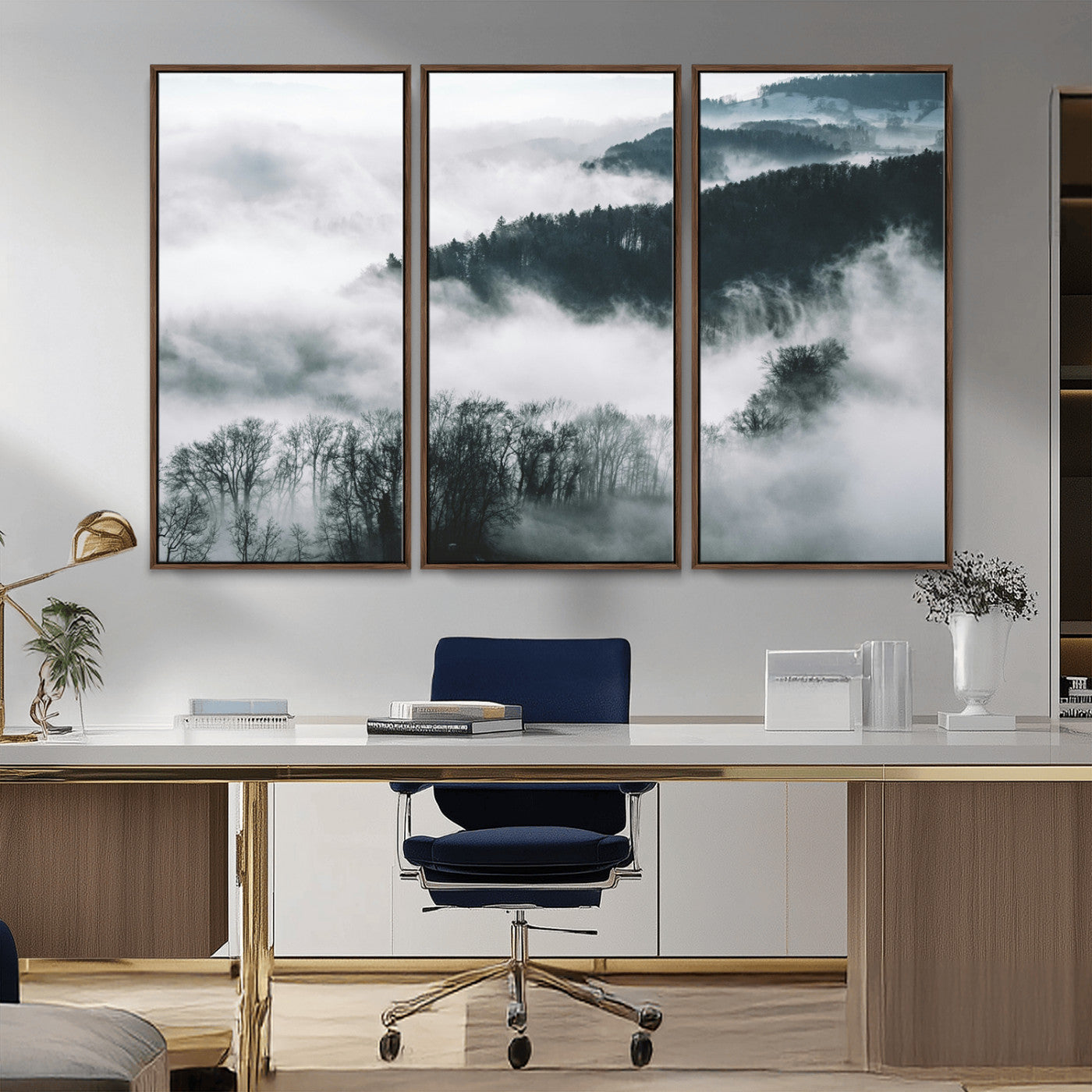67569654-MGV-CV-36X24-Foggy Forest Landscape Wall Art Canvas Print – Misty Mountain Valley Scene in Monochrome Tones, Perfect for Minimalist or Nordic Home Decor