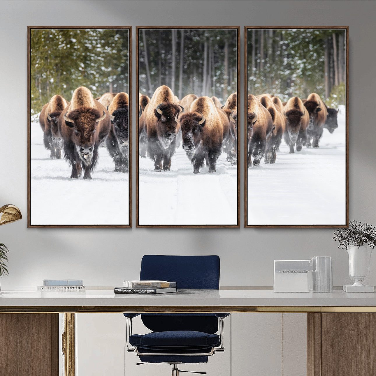 96906195-MGV-FC-48X32-3P - American Bison Herd Snow Canvas Wall Art – Powerful Winter Wildlife Print of Buffalo Motion, Rustic Lodge or Western Cabin Decor for Living Room, Office