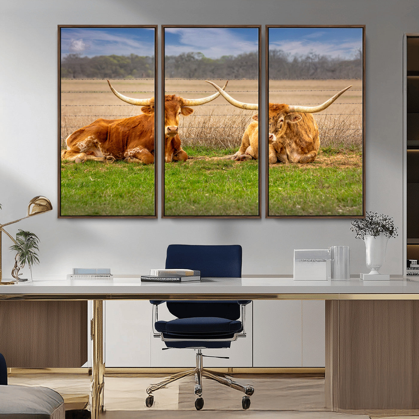 54598515-MGV-CV-36X24-Texas Longhorn Pair Wall Art Canvas Print – Peaceful Rustic Ranch Scene with Two Cattle in Field, Perfect for Western Farmhouse Home Decor