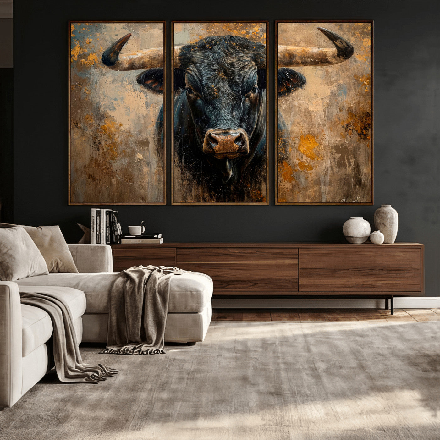 91615410-MGV-CV-36X24 - Abstract Texas Longhorn Bull Wall Art – Rustic Farmhouse Canvas Print, Western Cabin Style Decor, Large Animal Artwork for Living Room or Office