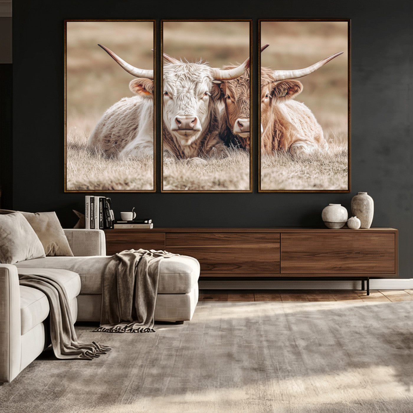 38651722-MGV-CV-36X24 - Highland Cows Meadow Canvas Wall Art – Peaceful Cow Photography Print, Rustic Farmhouse Animal Decor for Country Home, Living Room, Office