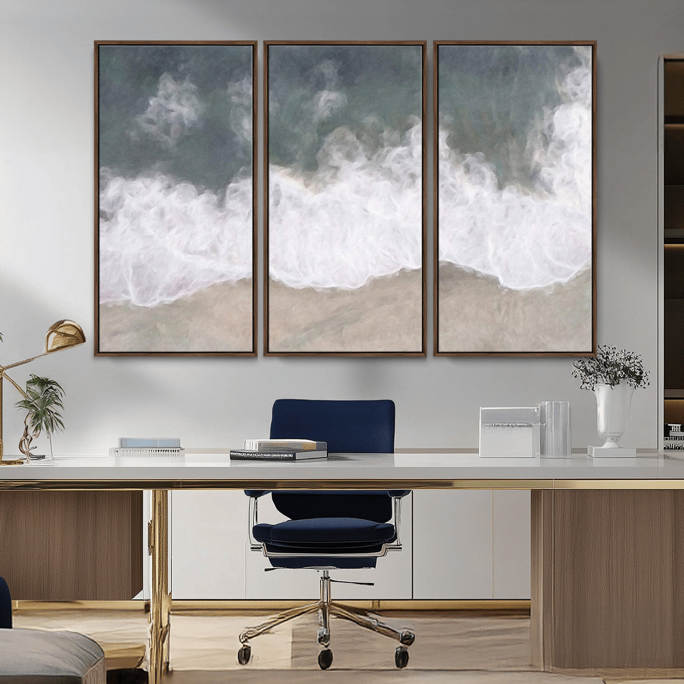 Wall art canvas print featuring foamy ocean waves softly rolling onto a sandy shore with a dreamy, painterly texture.