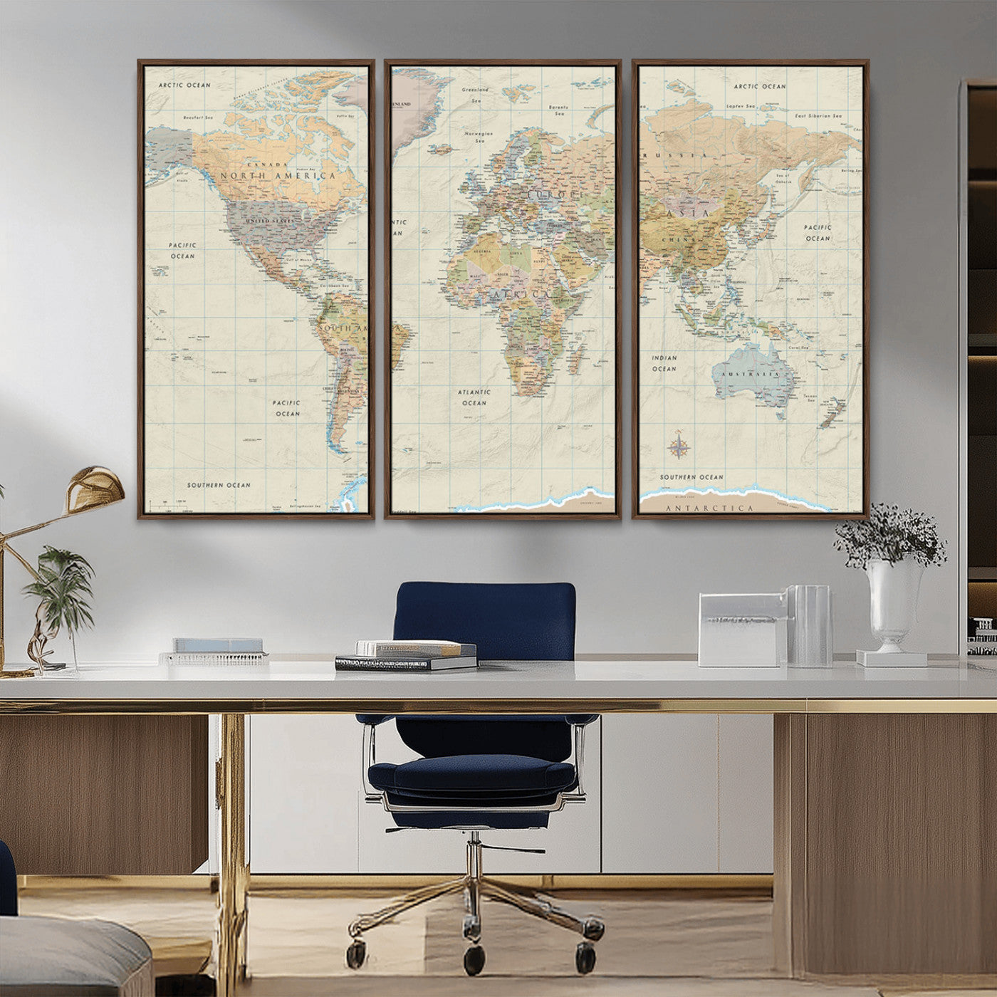 A detailed vintage-style political world map displaying continents, countries, and oceans with clear borders and labels, set on a beige textured background with grid lines.