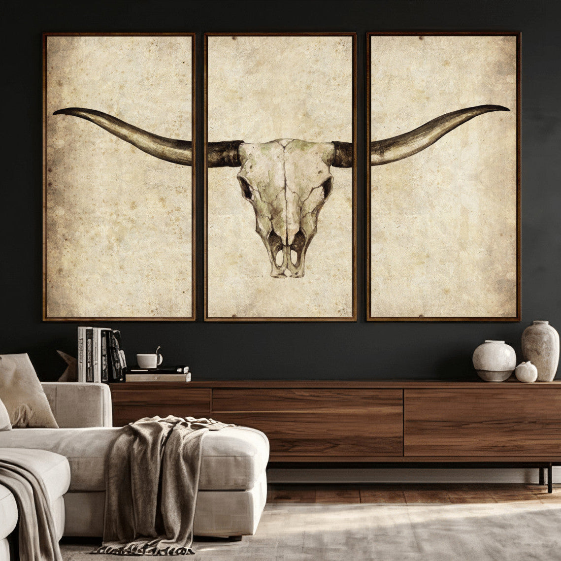 42788678-MGV-CV-36X24 - Longhorn Skull Wall Art Canvas Print – Rustic Western Artwork Print for Living Room Wall Decor