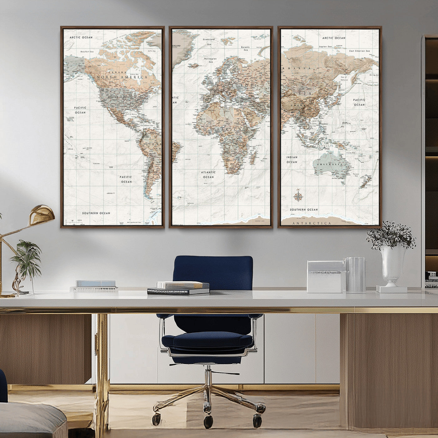 Vintage world map with detailed country borders and labels, featuring soft earthy tones of beige, brown, and gray on a textured parchment background, including oceans, continents, and major cities.