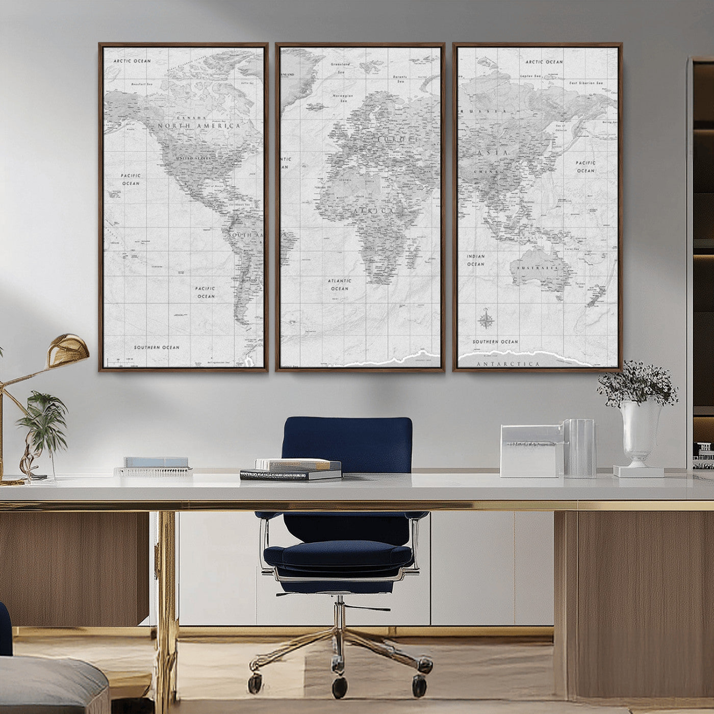 Grayscale vintage world map with detailed country borders, oceans, continents, and major cities on a textured parchment background.