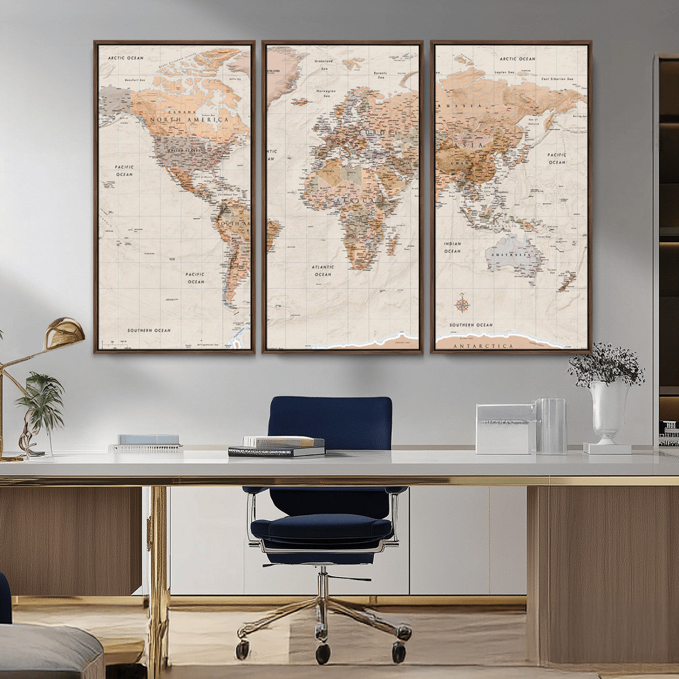 Detailed vintage world map with warm earth tones showing country borders, oceans, continents, and major cities, styled with a textured parchment background.