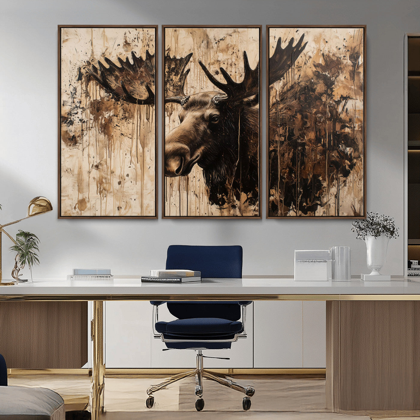 Artistic painting of a moose head with large antlers in shades of brown and black, with paint splatters and drips on a beige textured background, creating a rustic and expressive wall art canvas.