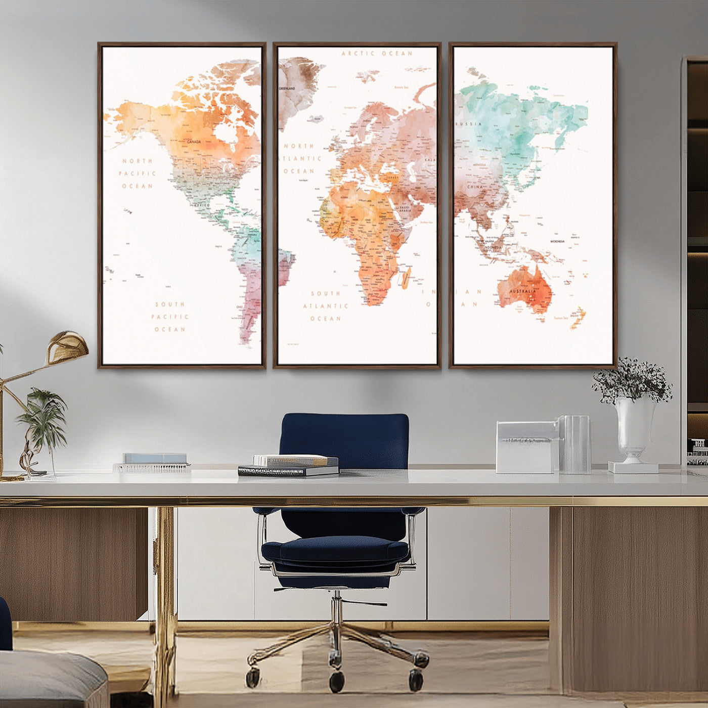 Watercolor world map featuring soft pastel hues in orange, green, blue, and purple on a light background, printed on canvas for vibrant and artistic wall decor.