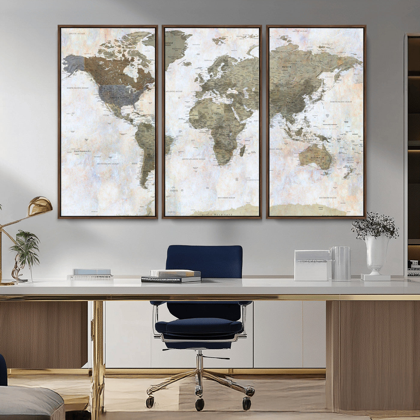 World map printed on a textured canvas with soft muted earth tones and a weathered background, showing detailed countries and continents, perfect for vintage-style wall art.