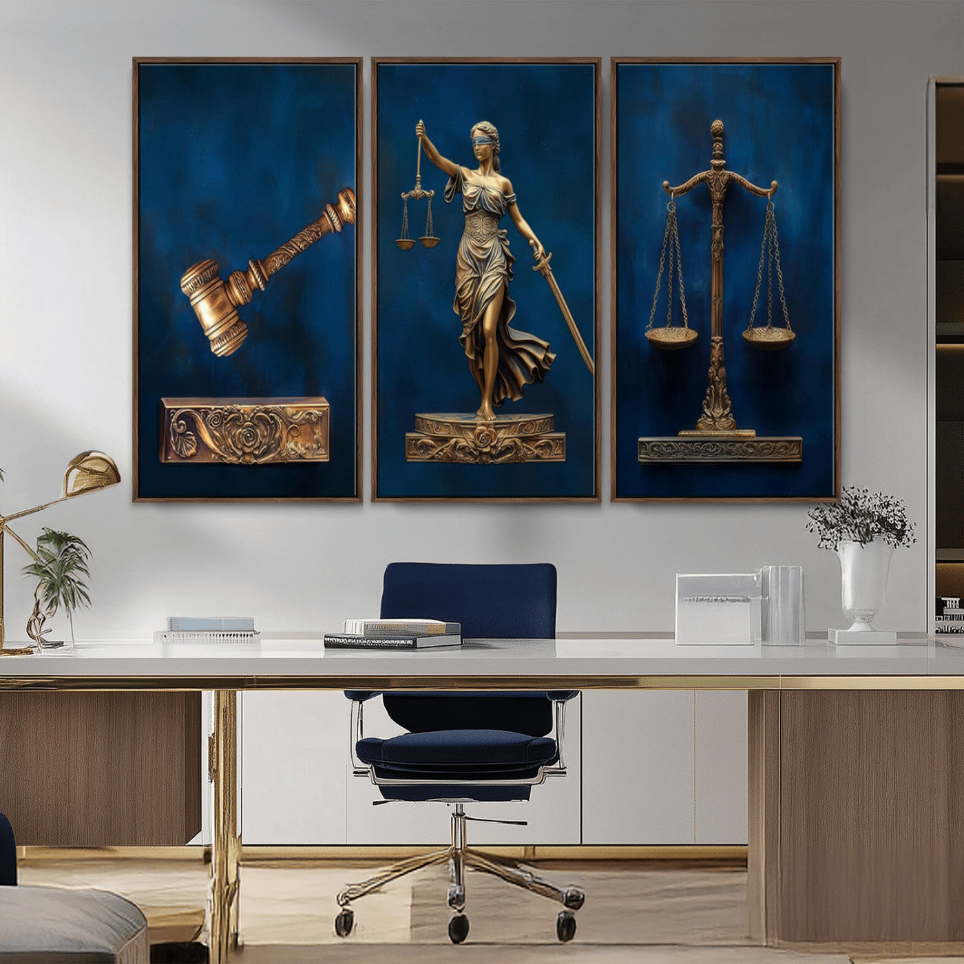 MGV-FC-48X32-3P - Lady Justice Wall Art Canvas Print – Elegant Gold Legal Symbols on Blue Background, Perfect for Law