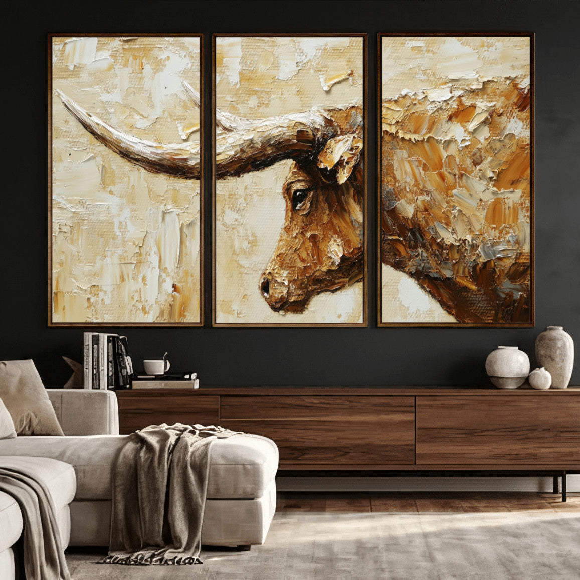 69611428-MGV-CV-36X24 - Rustic Longhorn Bull Wall Art Canvas Print – Vintage Western Cattle Painting, Texas Abstract Wall Cow Prints