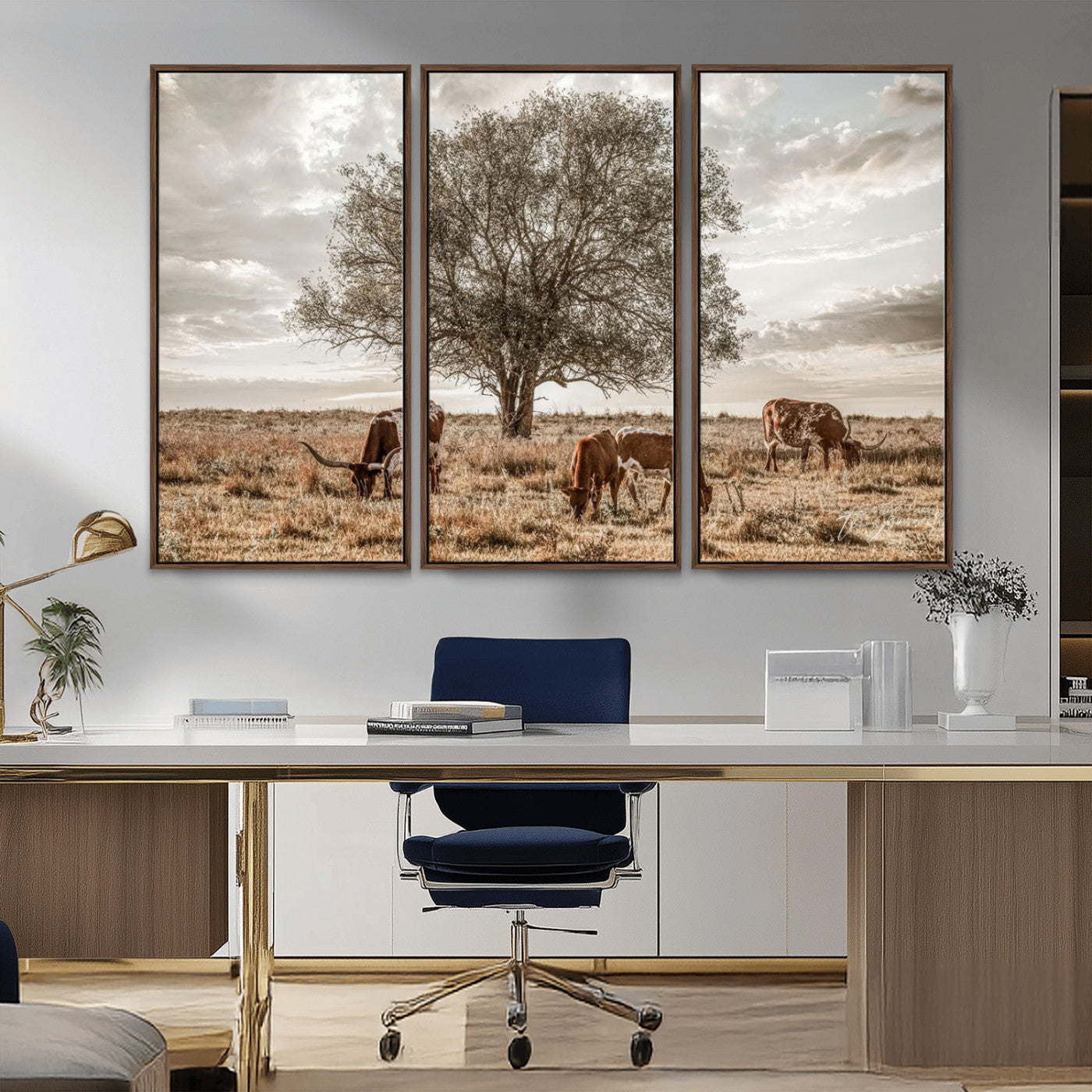 Texas Longhorn Cattle Wall Art Canvas Print – Rustic Western Ranch Scene with Steers at Sunset, Perfect for Farmhouse or Cowboy Decor