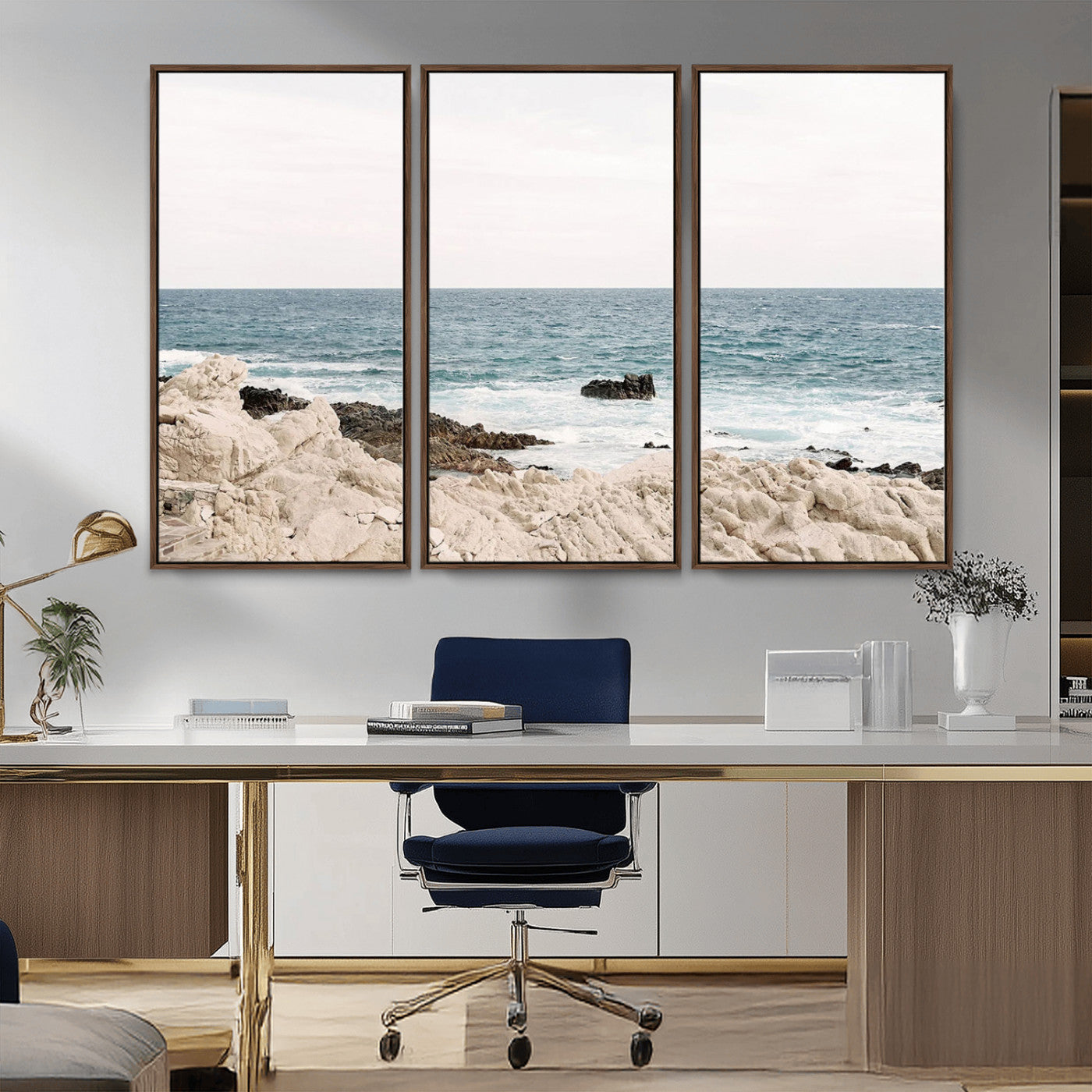 25481980-MGV-CV-36X24-Coastal Ocean View Wall Art Canvas Print – Serene Rocky Shoreline and Blue Sea Photography for Coastal Chic or Minimalist Home Decor