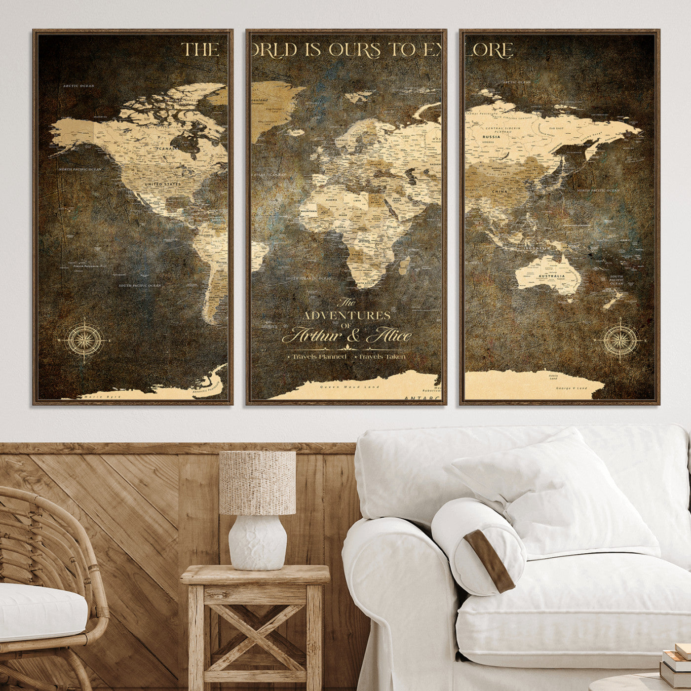 76675404-MGV-CV-36X24-Framed Push Pin World Travel Map – Canvas Wall Art for Tracking Adventures, Decorative Vintage Style Map with Pins for Home or Office - H1