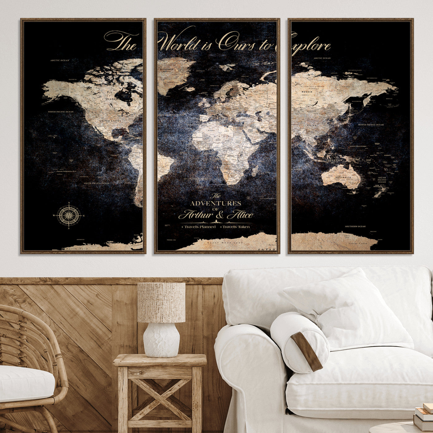 21010471-MGV-CV-36X24-Customize Push Pin World Map Wall Canvas Print, Personalized Travel Tracker with Pins, Framed Large Canvas for Home Office Decor - H37