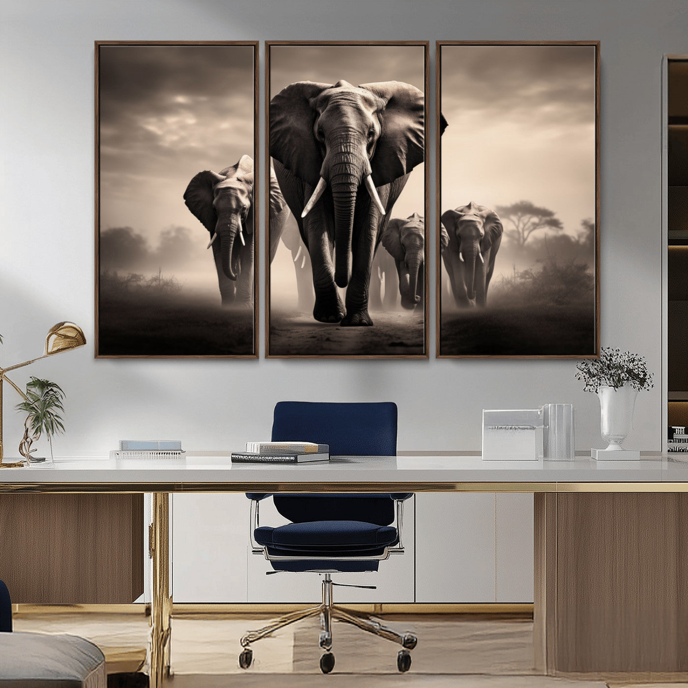 MGV-FC-48X32-3P - Elephant Family Wall Art Canvas Print, Framed Elephant Wall Art Home Decor
