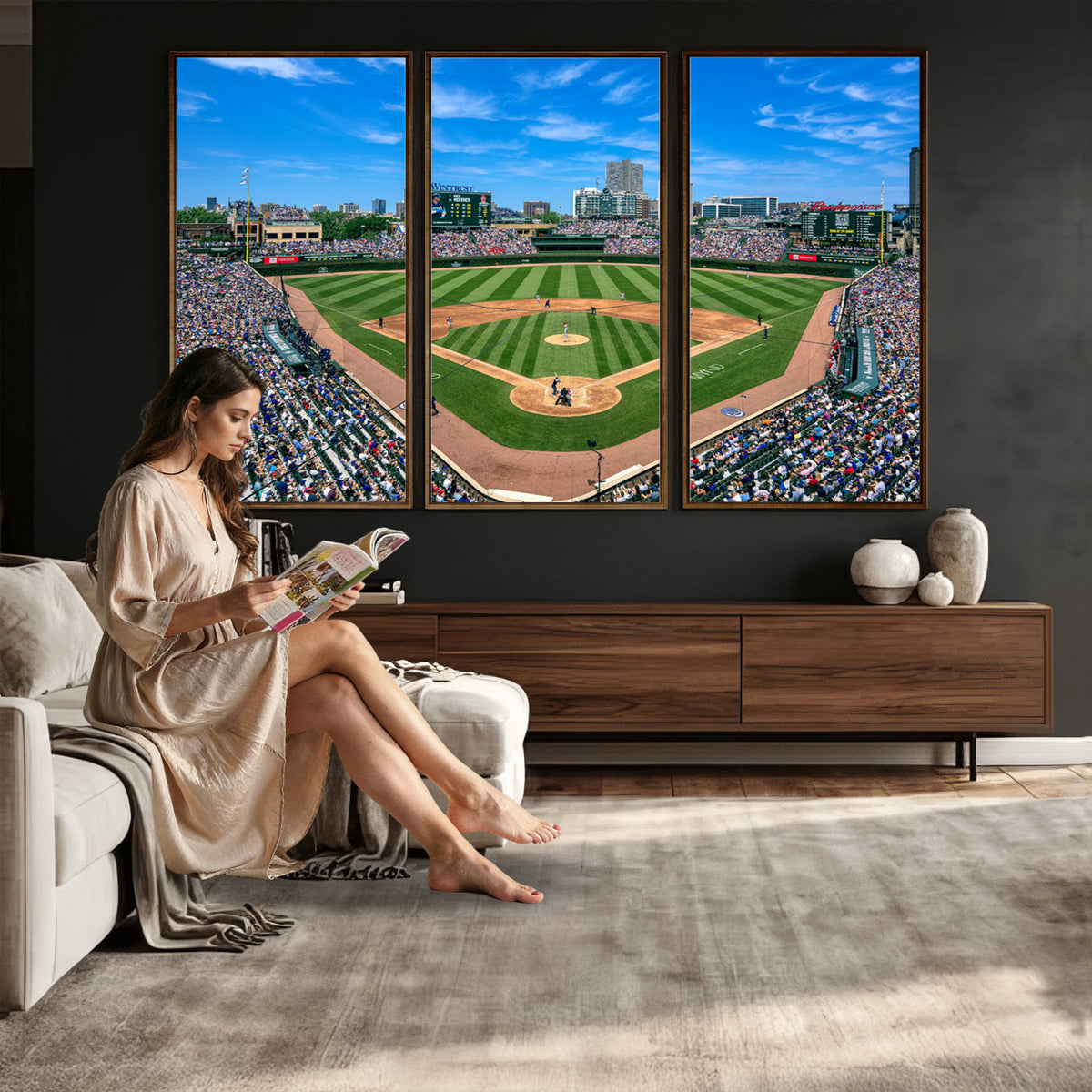 35800083-MGV-CV-36X24 - Wrigley Field Baseball Stadium Canvas Wall Art – Packed Crowd Sports Stadium City Skyline Artwork for Home Office