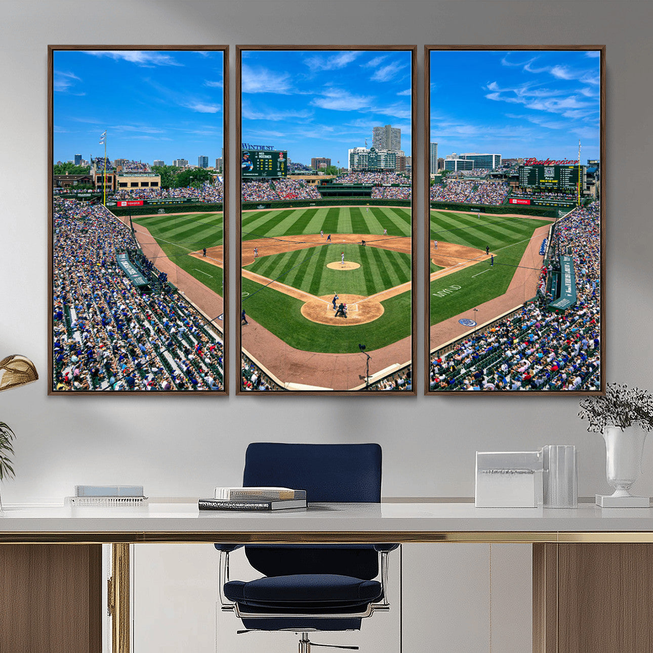 35800083-MGV-FC-48X32-3P - Wrigley Field Baseball Stadium Canvas Wall Art – Packed Crowd Sports Stadium City Skyline Artwork for Home Office