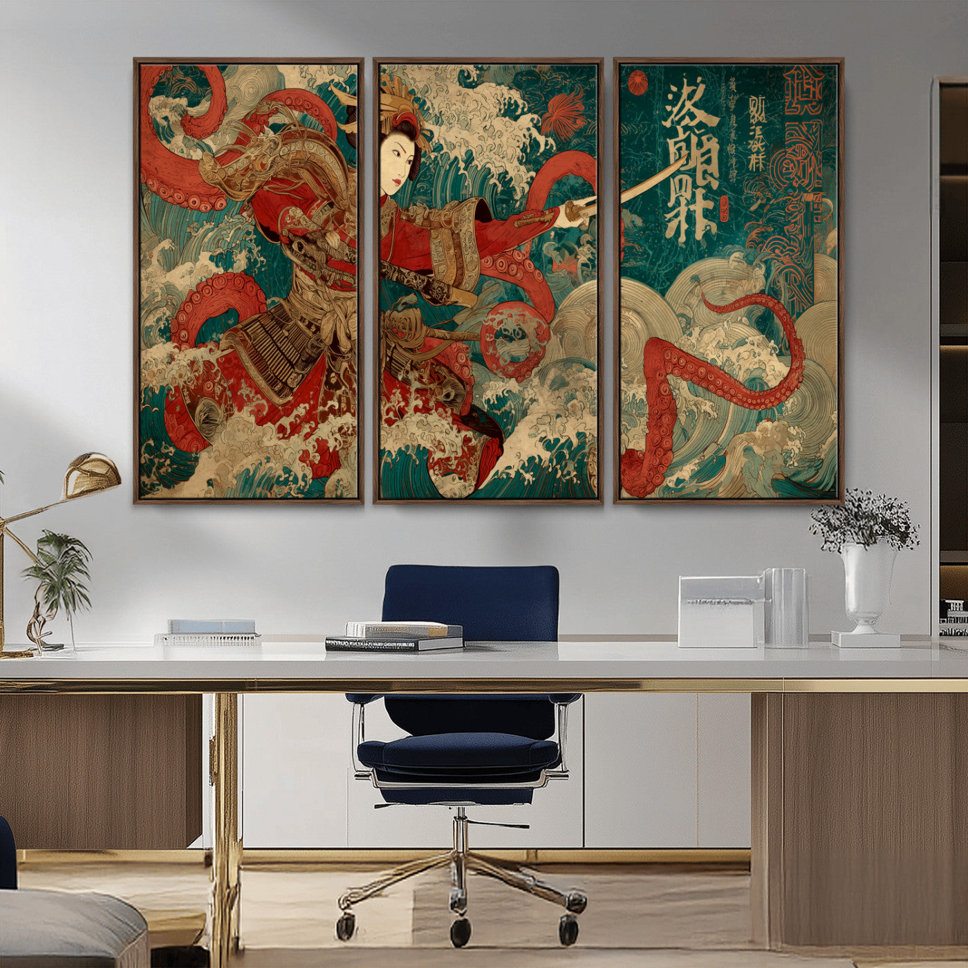 MGV-FC-48X32-3P - Tsukioka Yoshitoshi Samurai Wall Art Print, Japanese Katana Warrior Canvas Wall Art, Octopus Sea Monster Canvas Print,