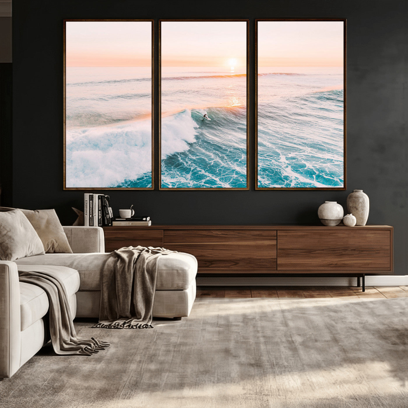 34064591-MGV-CV-36X24 - Sunset Surfing Wall Art Canvas Print, Ocean Wave Surfer with Golden Sky Artwork for Home, Office, Living Room