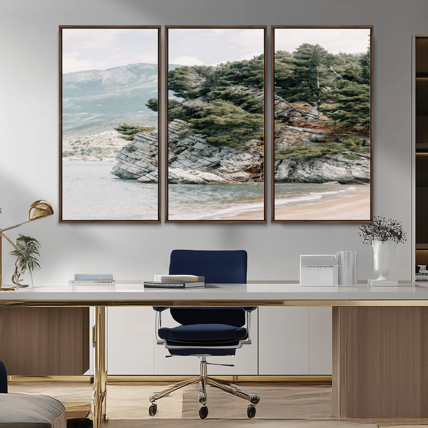MGV-FC-48X32-3P - Coastal Rock Canvas Wall Art Print, Scenic Beach Landscape, Pine Trees on Rocky Cliff, Large Nature