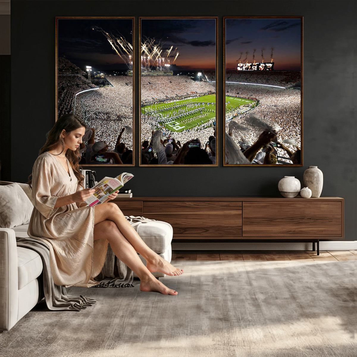 11221988-MGV-CV-36X24 - Epic Night Football Stadium Wall Art Canvas Print, Fireworks and Crowd
