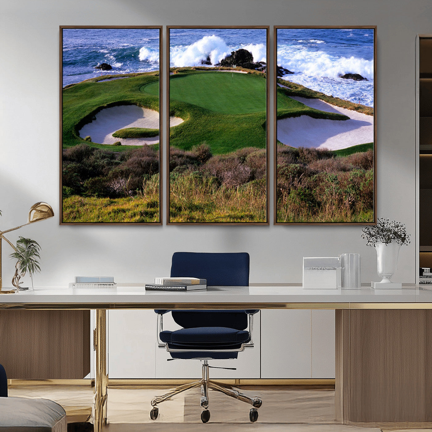 22776914-MGV-FC-48X32-3P_Walnut-Ocean Cliff Golf Green Canvas Print – Framed Majestic Coastal Scene with Lush Green Artwork for Home, Office