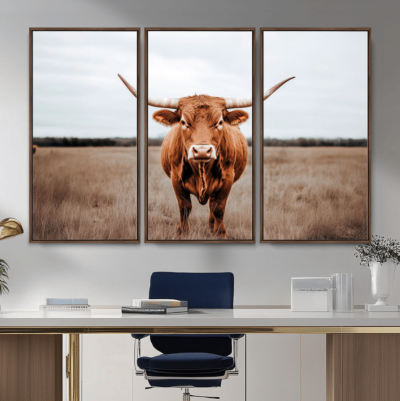 16316734-MGV-FC-48X32-3P - Longhorn bull, open field, rustic charm, natural beauty, Wall Art Canvas Print, countryside,