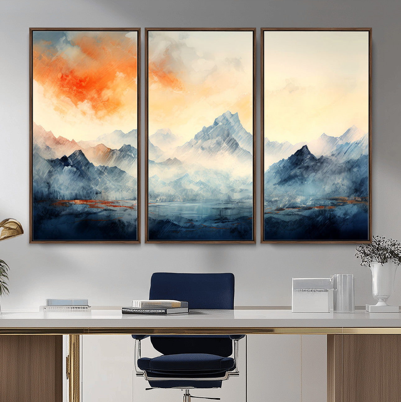 WRM1005-MGV-FC-48X32-3P - Warm Clouds Abstract Mountain Wall Art, Modern Landscape Canvas Print, Minimal Framed Artwork for Home, Office