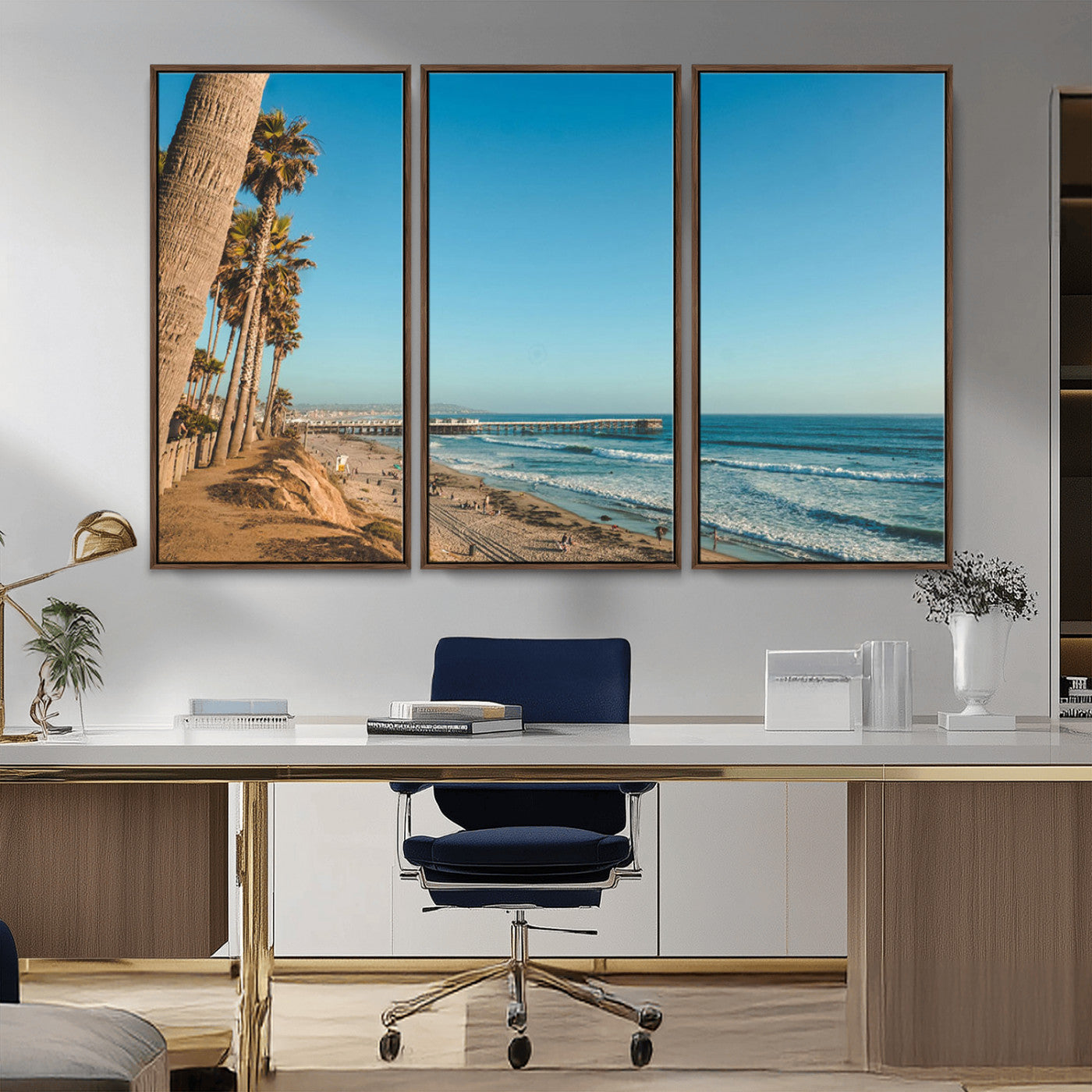 MGV-FC-48X32-3P - Scenic Beach with Tall Palm Trees, Sandy Shore, and Long Pier Stretching into the Calm Ocean Under