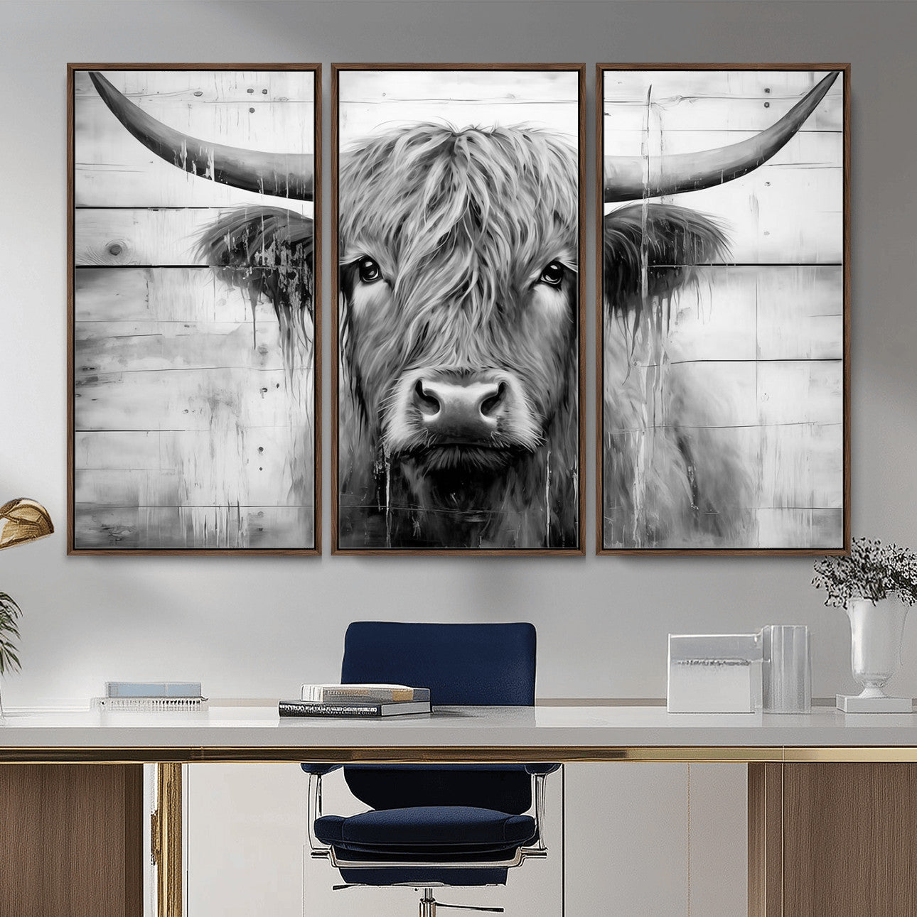 1001HASAN27-MGV-FC-48X32-3P - Black White Highland Cow Wall Art Canvas Print
