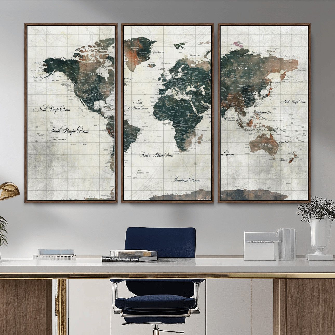 90149079-MGV-FC-48X32-3P - World Map Wall Art Canvas Print, Modern Decorative Framed Map Artwork Prints for Living Room, Office, Bedroom Wall Decor