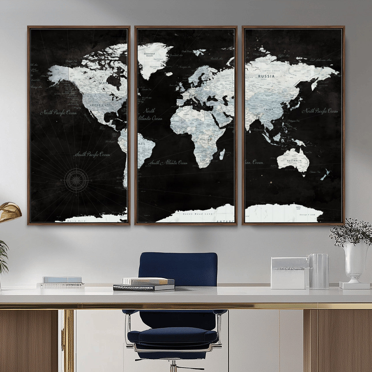 30759283-MGV-FC-48X32-3P - World Map Wall Art Canvas Print, Modern Decorative Framed Map Artwork Prints for Living Room, Office, Bedroom Wall Decor