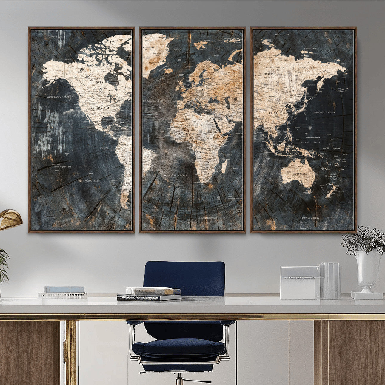 57626704-MGV-FC-48X32-3P - World Map Wall Art Canvas Print, Modern Decorative Framed Map Artwork Prints for Living Room, Office, Bedroom Wall Decor