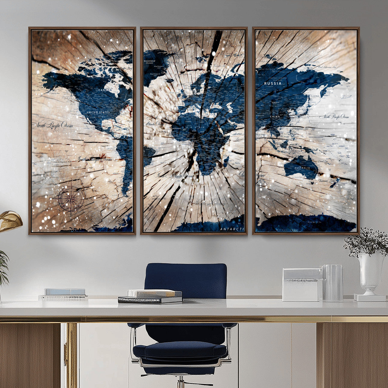 99001695-MGV-FC-48X32-3P - World Map Wall Art Canvas Print, Modern Decorative Framed Map Artwork Prints for Living Room, Office, Bedroom Wall Decor