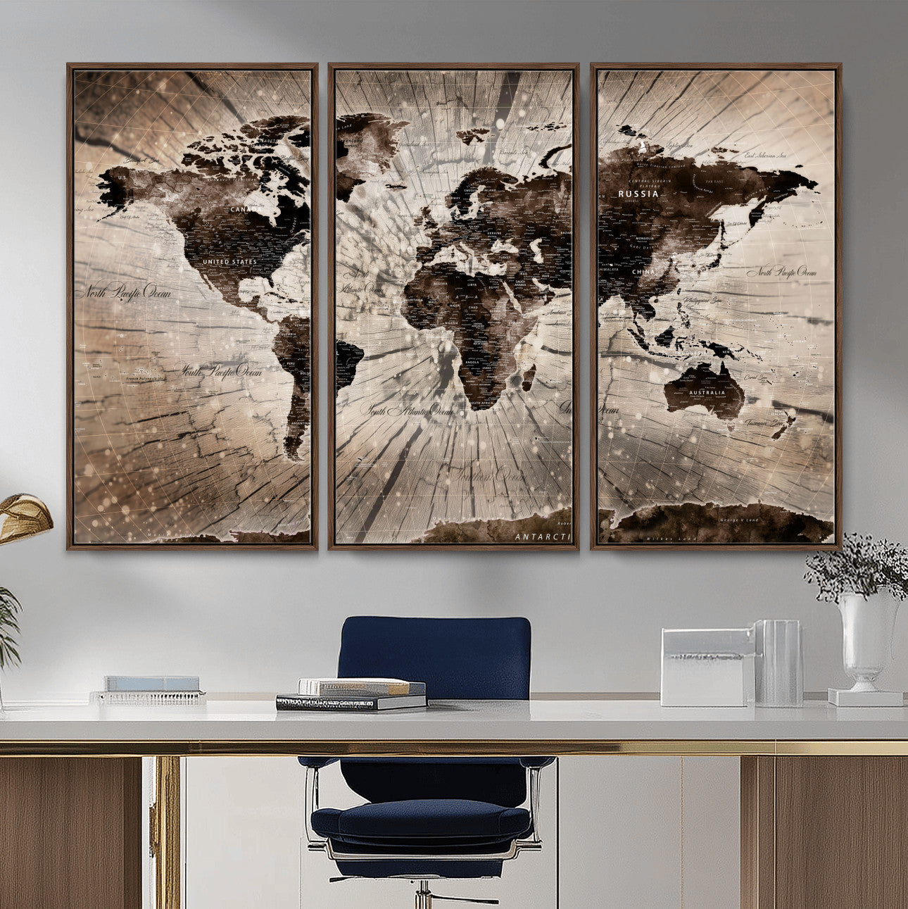 35326624-MGV-FC-48X32-3P - World Map Wall Art Canvas Print, Modern Decorative Framed Map Artwork Prints for Living Room, Office, Bedroom Wall Decor