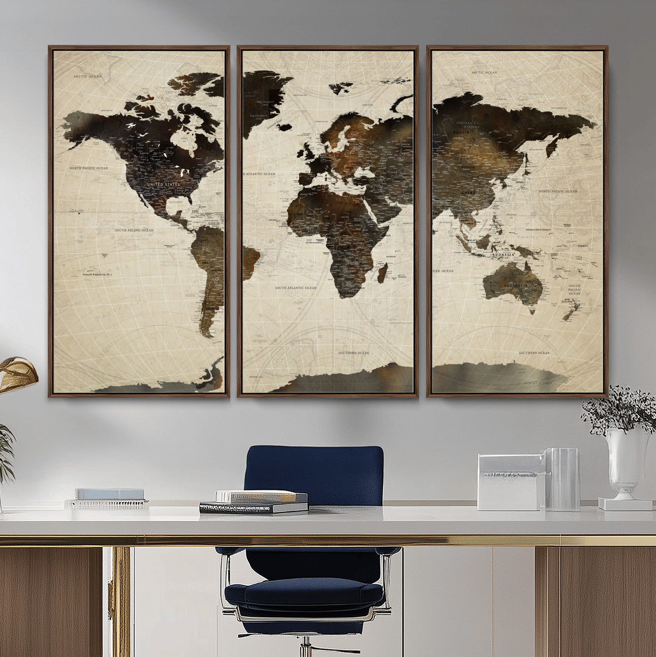 81771296-MGV-FC-48X32-3P - World Map Wall Art Canvas Print, Modern Decorative Framed Map Artwork Prints for Living Room, Office, Bedroom Wall Decor
