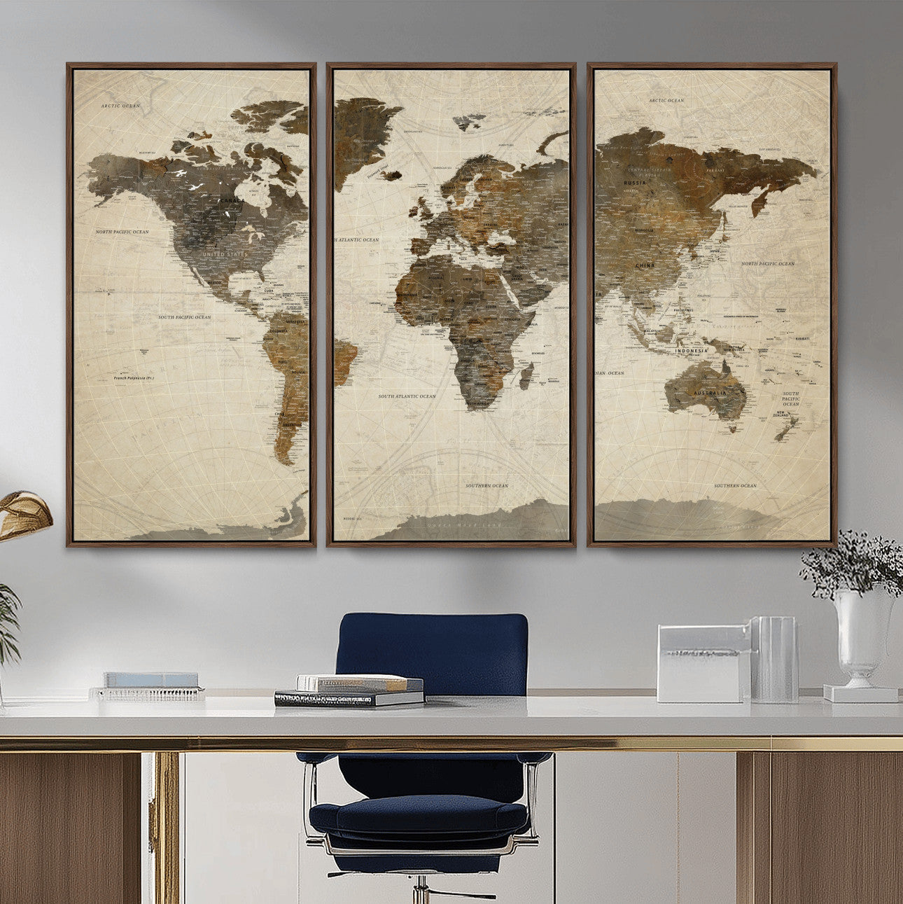 91849163-MGV-FC-48X32-3P - World Map Wall Art Canvas Print, Modern Decorative Framed Map Artwork Prints for Living Room, Office, Bedroom Wall Decor