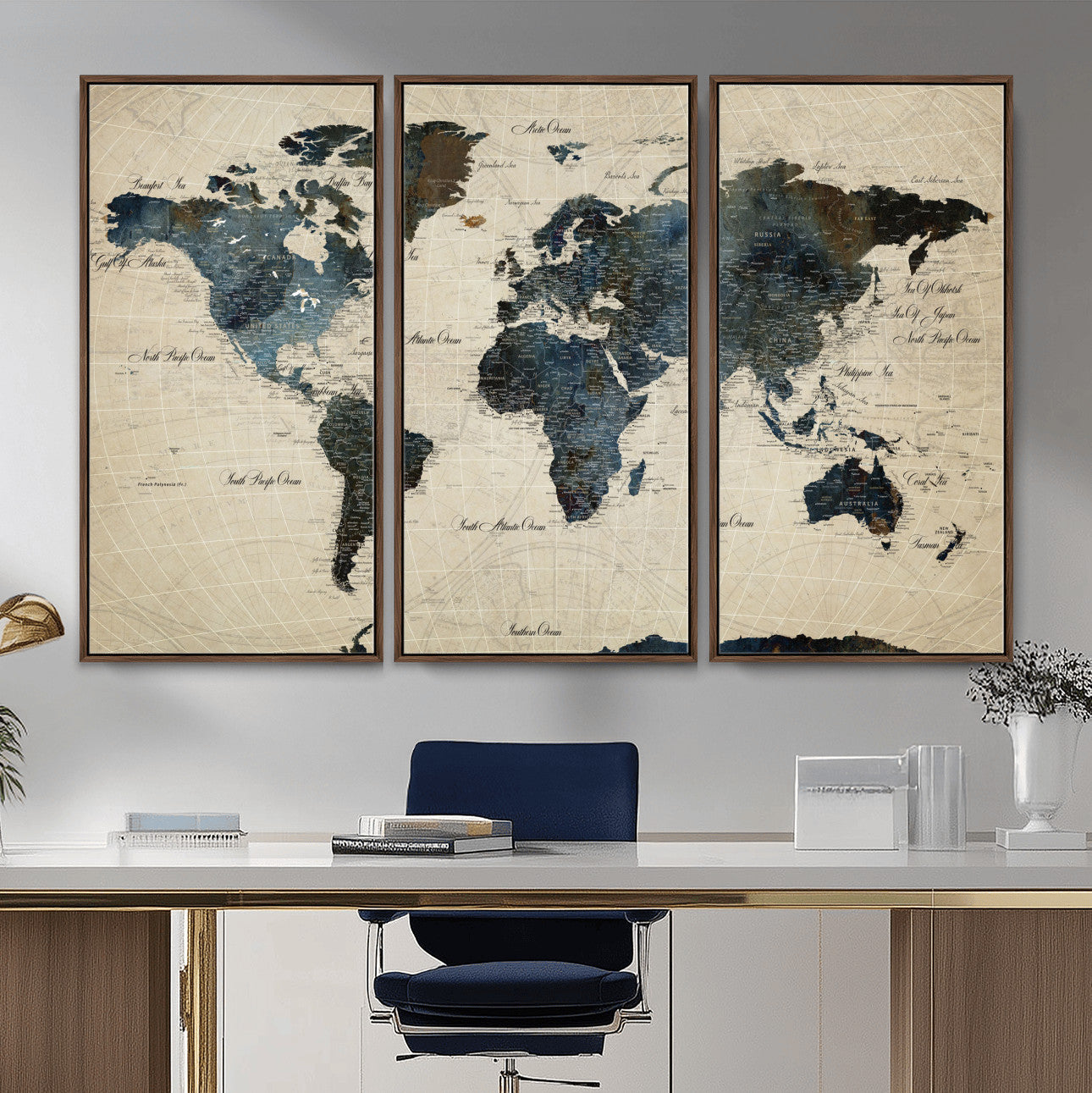 33438443-MGV-FC-48X32-3P - World Map Wall Art Canvas Print, Modern Decorative Framed Map Artwork Prints for Living Room, Office, Bedroom Wall Decor