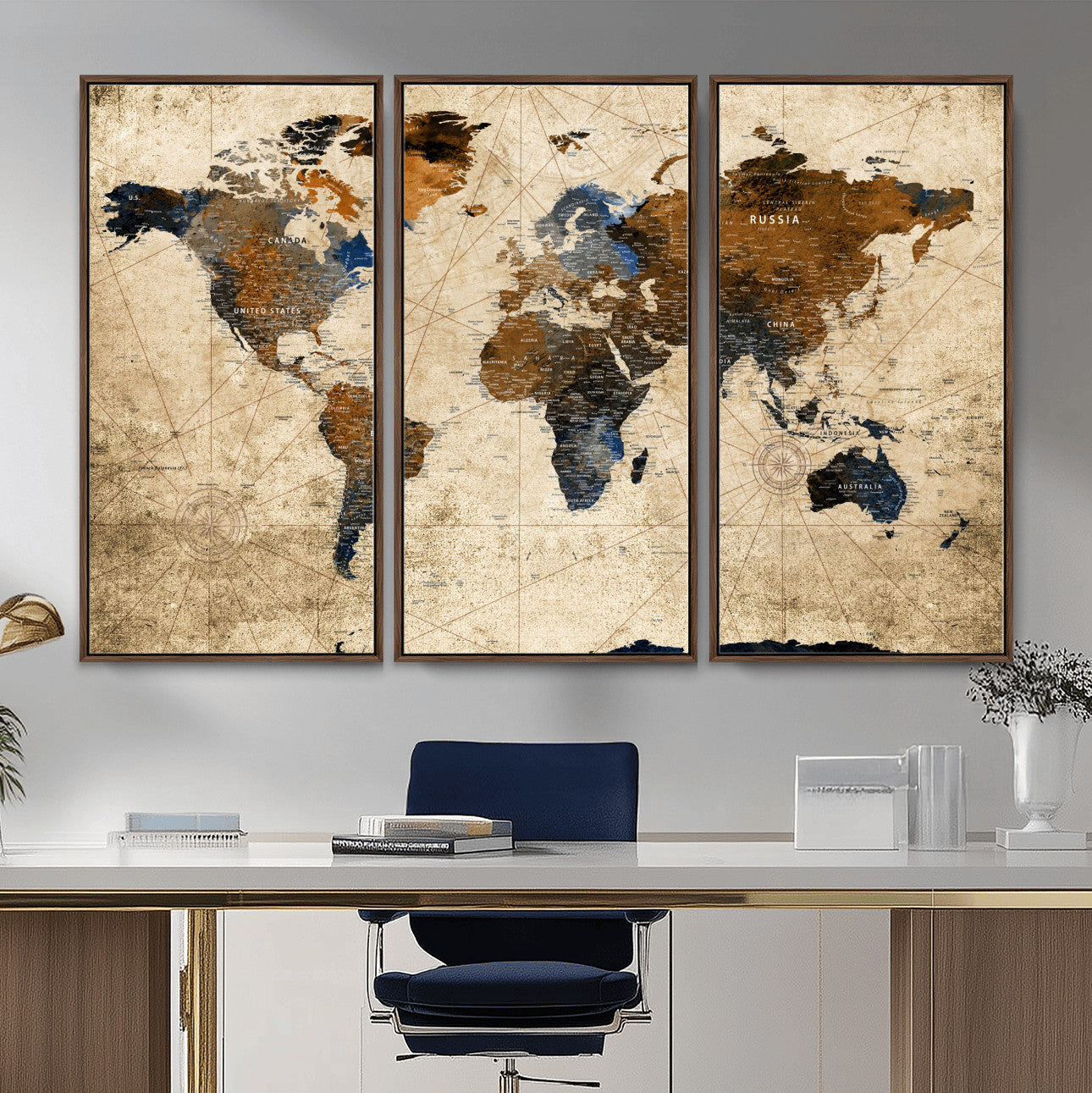 56297284-MGV-FC-48X32-3P - World Map Wall Art Canvas Print, Modern Decorative Framed Map Artwork Prints for Living Room, Office, Bedroom Wall Decor