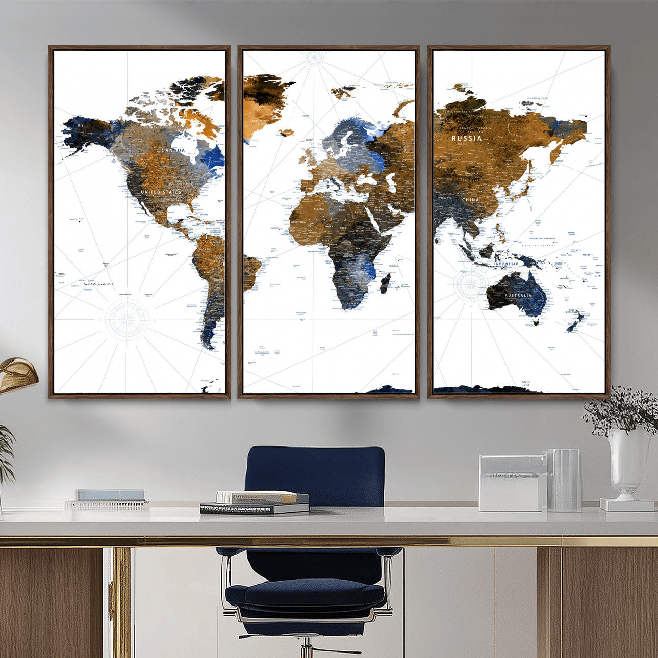 40862517-MGV-FC-48X32-3P - World Map Wall Art Canvas Print, Modern Decorative Framed Map Artwork Prints for Living Room, Office, Bedroom Wall Decor
