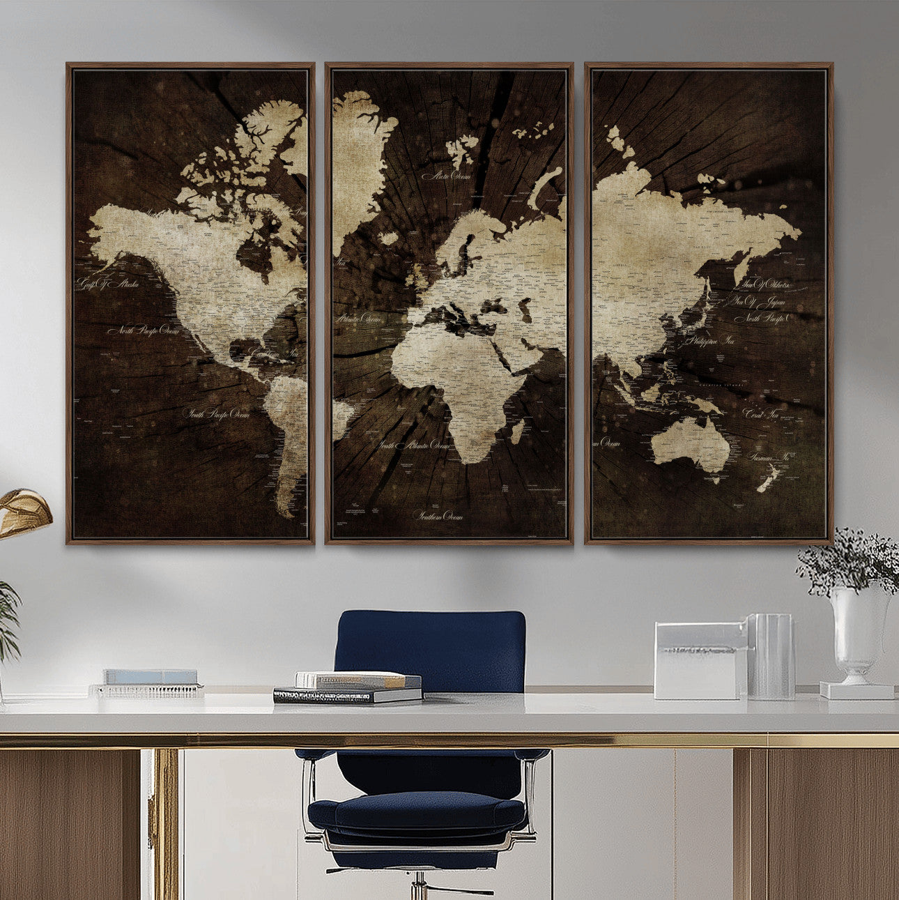 24010397-MGV-FC-48X32-3P - World Map Wall Art Canvas Print, Modern Decorative Framed Map Artwork Prints for Living Room, Office, Bedroom Wall Decor