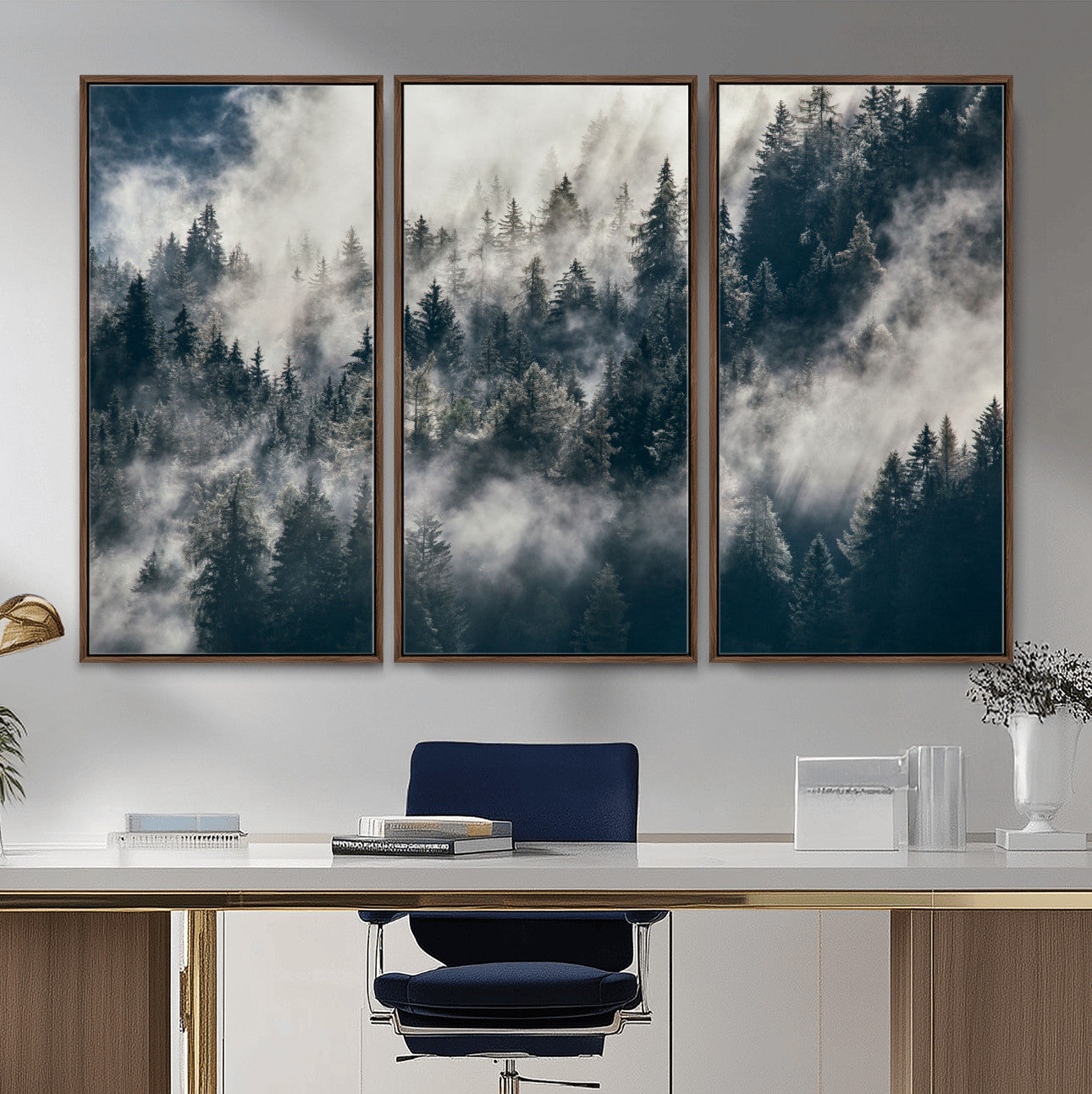 270372951-MGV-FC-48X32-3P - Misty Pine Forest Canvas Wall Art – Dark Forest Mountaing and Nature Landscape Print, Horizontal Canvas Print