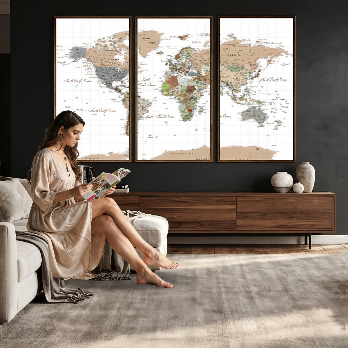 91286788-MGV-CV-36X24 - World Map Wall Art Canvas Print, Modern Decorative Framed Map Artwork Prints for Living Room, Office, Bedroom Wall Decor