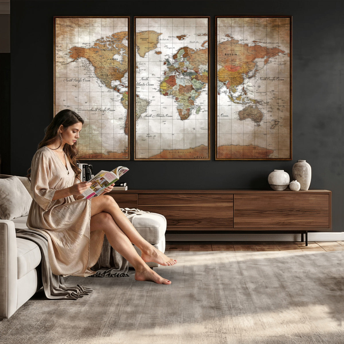 51643807-MGV-CV-36X24 - World Map Wall Art Canvas Print, Modern Decorative Framed Map Artwork Prints for Living Room, Office, Bedroom Wall Decor