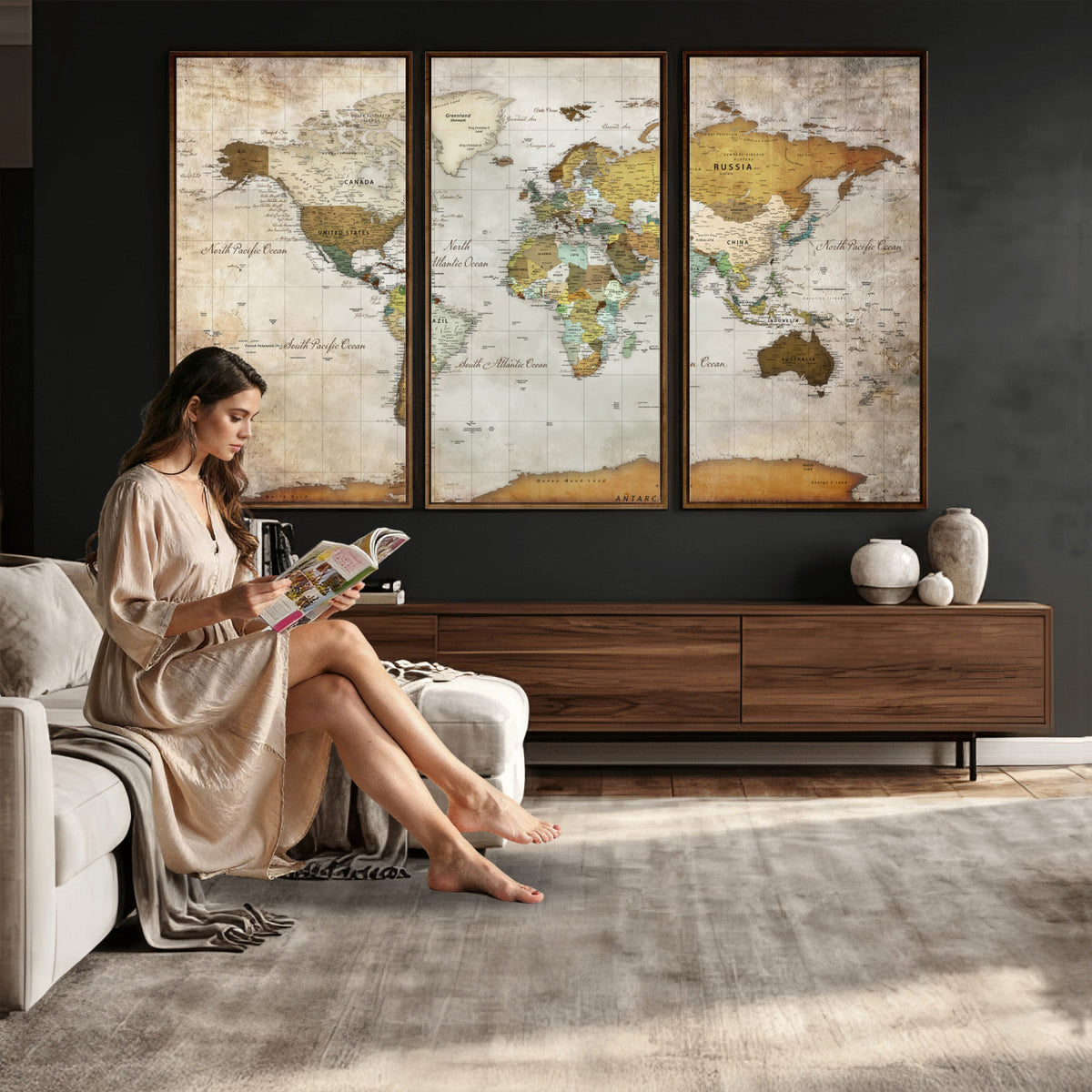 86108417-MGV-CV-36X24 - World Map Wall Art Canvas Print, Modern Decorative Framed Map Artwork Prints for Living Room, Office, Bedroom Wall Decor