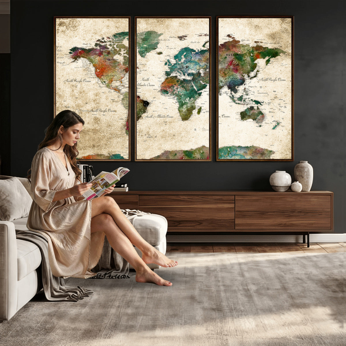 87544591-MGV-CV-36X24 - World Map Wall Art Canvas Print, Modern Decorative Framed Map Artwork Prints for Living Room, Office, Bedroom Wall Decor