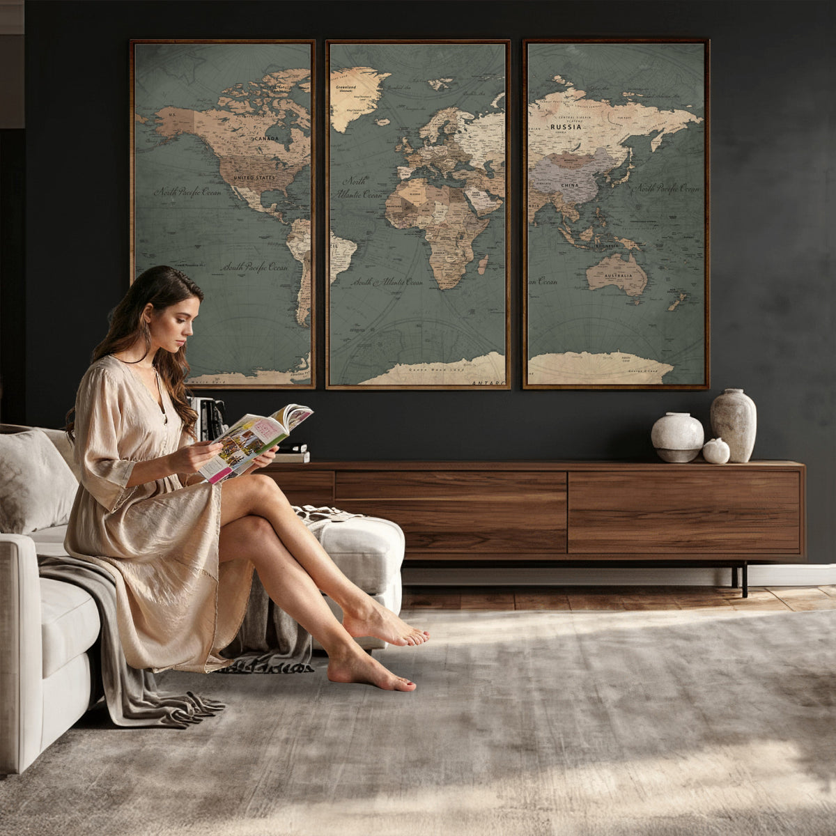 84619399-MGV-CV-36X24 - World Map Wall Art Canvas Print, Modern Decorative Framed Map Artwork Prints for Living Room, Office, Bedroom Wall Decor